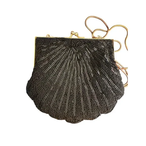 Carolyne Barton Black Beaded Clutch Purse With Gold Chain Strap & Clasp Closure - Picture 3 of 5